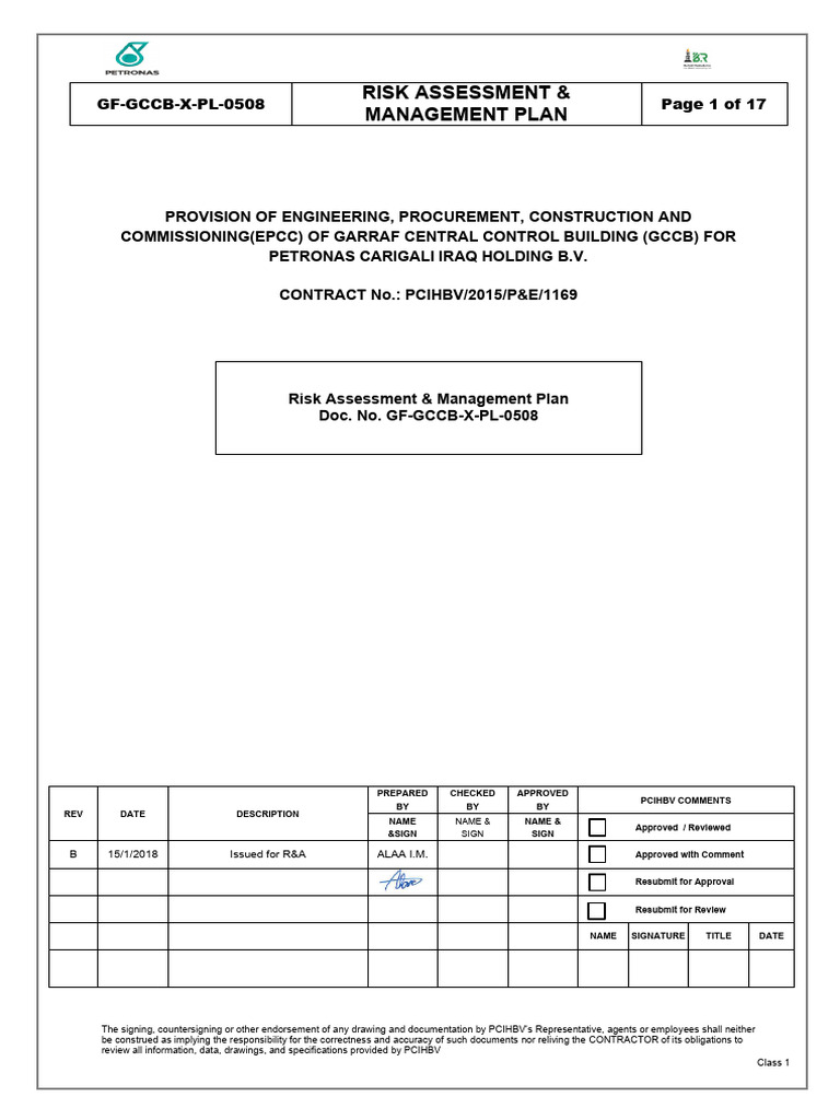 GF GCCB X PL 0508 B Risk Assessment & Management Plan - 1 | PDF | Safety
