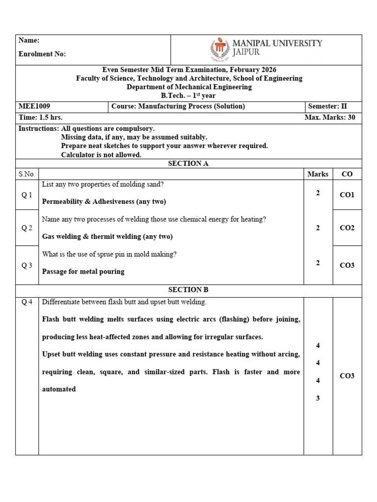MTE Manufacturing Process Feb 2026 Solution | PDF | Welding | Construction