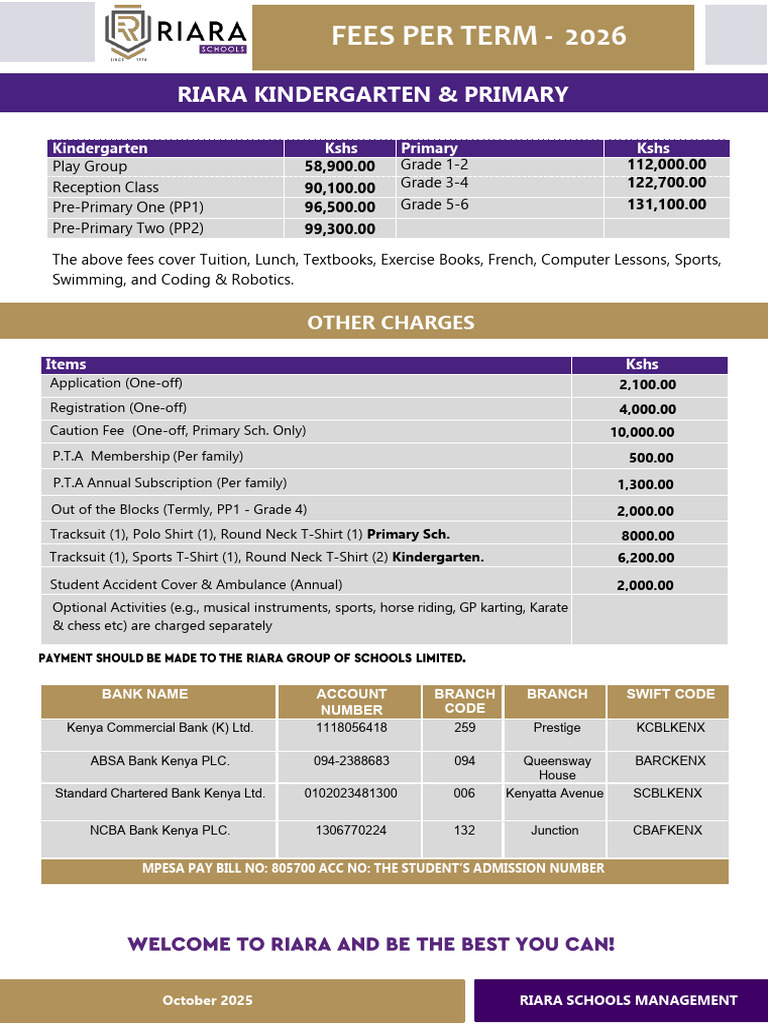 Riara Primary&Kindergaten Fee Structure2026 | PDF | Nairobi | Fee