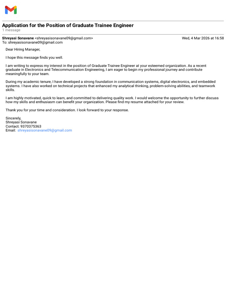 Application For The Position of Graduate Trainee Engineer: Shreyasi ...