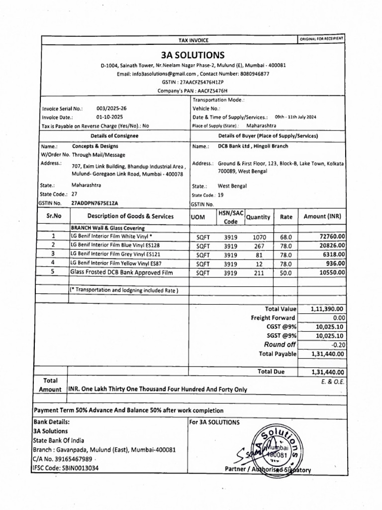 Tax Invoice 003-2025-26 - DCB Bank Lake Town Kolkata BR | PDF