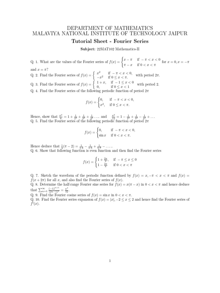 22MAT151 Tutorial Sheet V Fourier Series | PDF