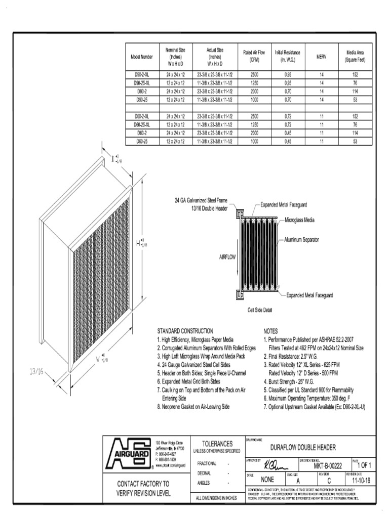 AIRGUARD Duraflow Double Header High Efficiency Barrier Filter Cut ...