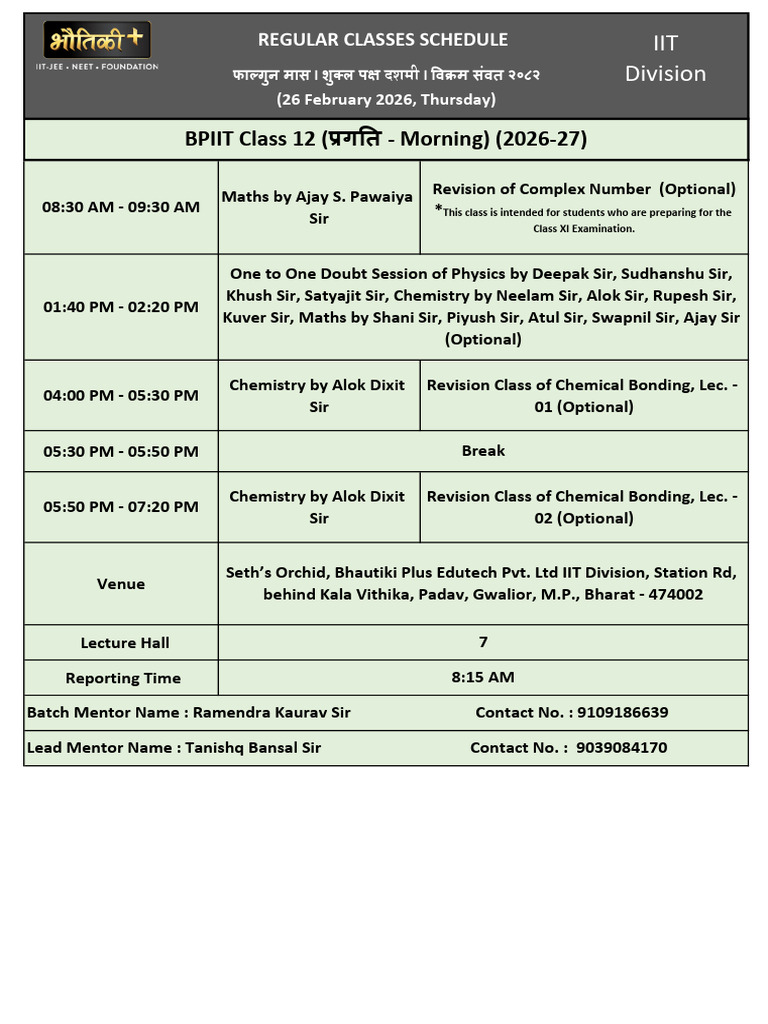 Regular Classes Schedule BPIIT Class XII (प्रगति Morning) (2026-27) (26 ...