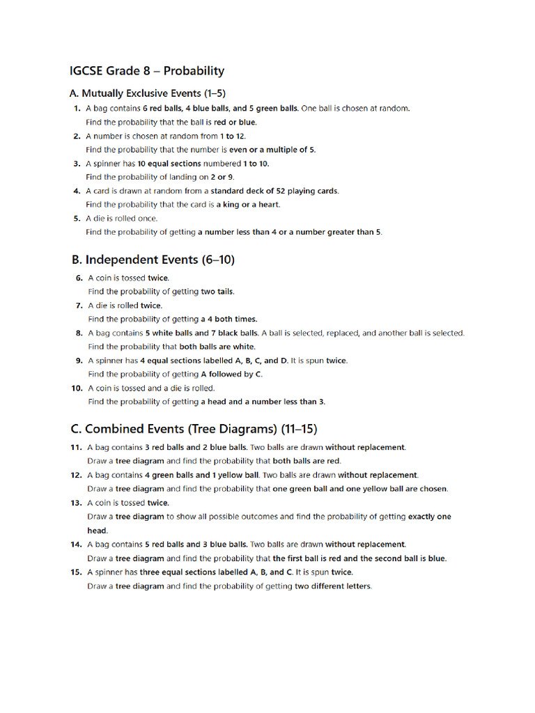 IGCSE Grade 8 Ch12 Probability Worksheet | PDF