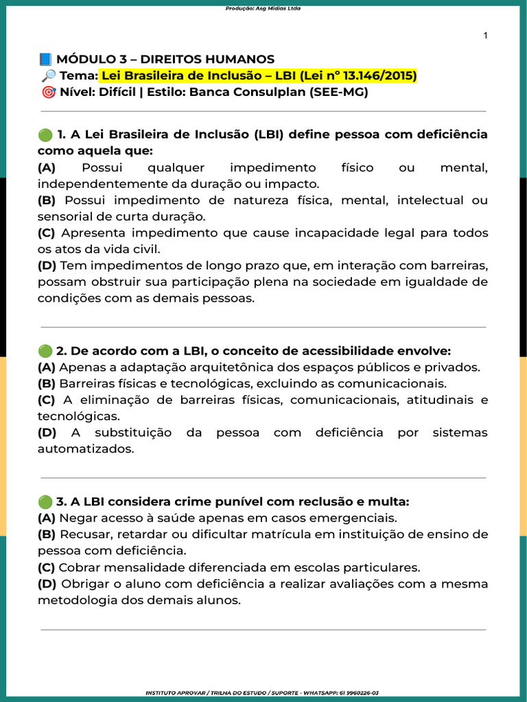 Lei Brasileira de Inclusão - LBI 03 | PDF | Acessibilidade | Deficiência