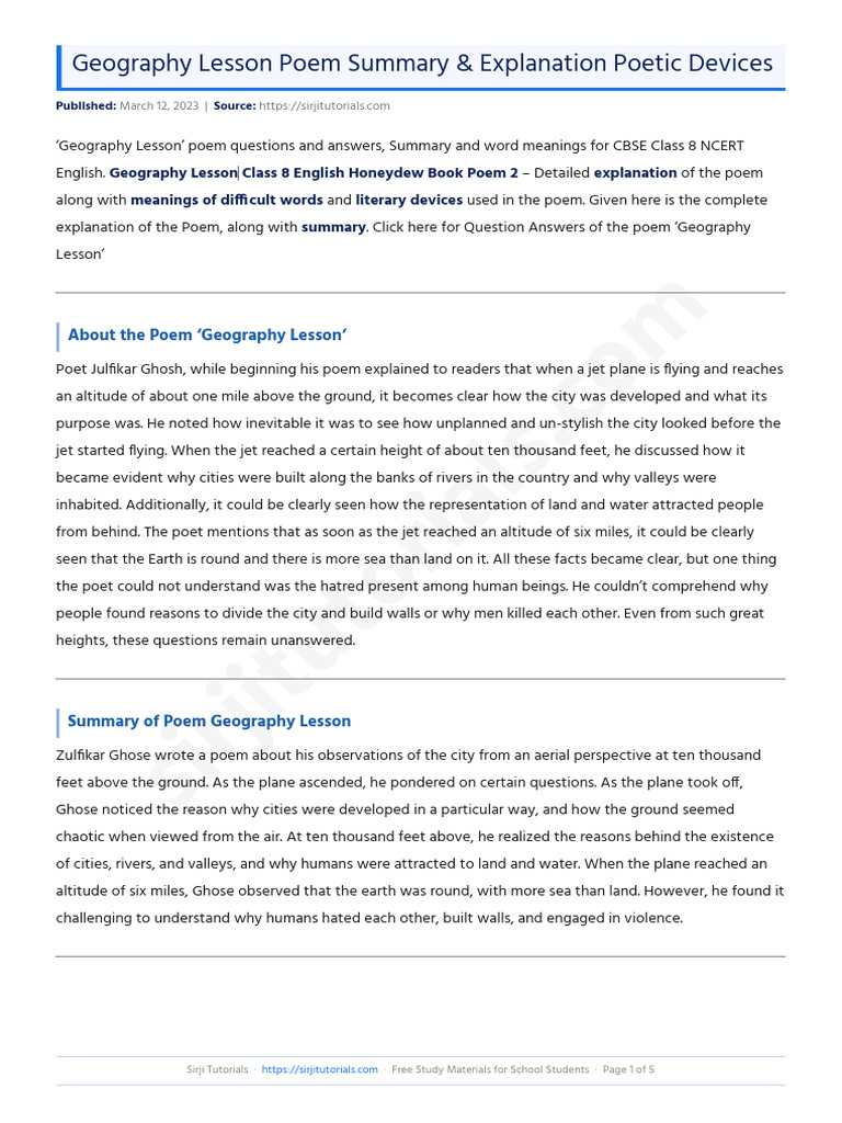 Geography Lesson Poem Summary 038 Explanation Poetic Devices | PDF | Poetry