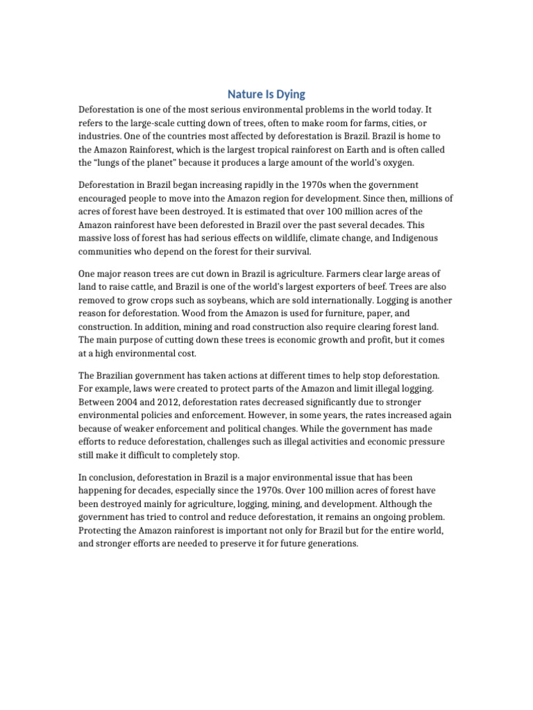Nature Is Dying Essay | PDF | Deforestation | Amazon Rainforest