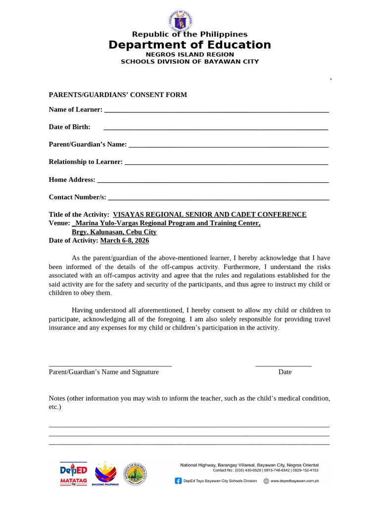 Parents Consent Visayas Regional Senior and Cadet Conference | PDF