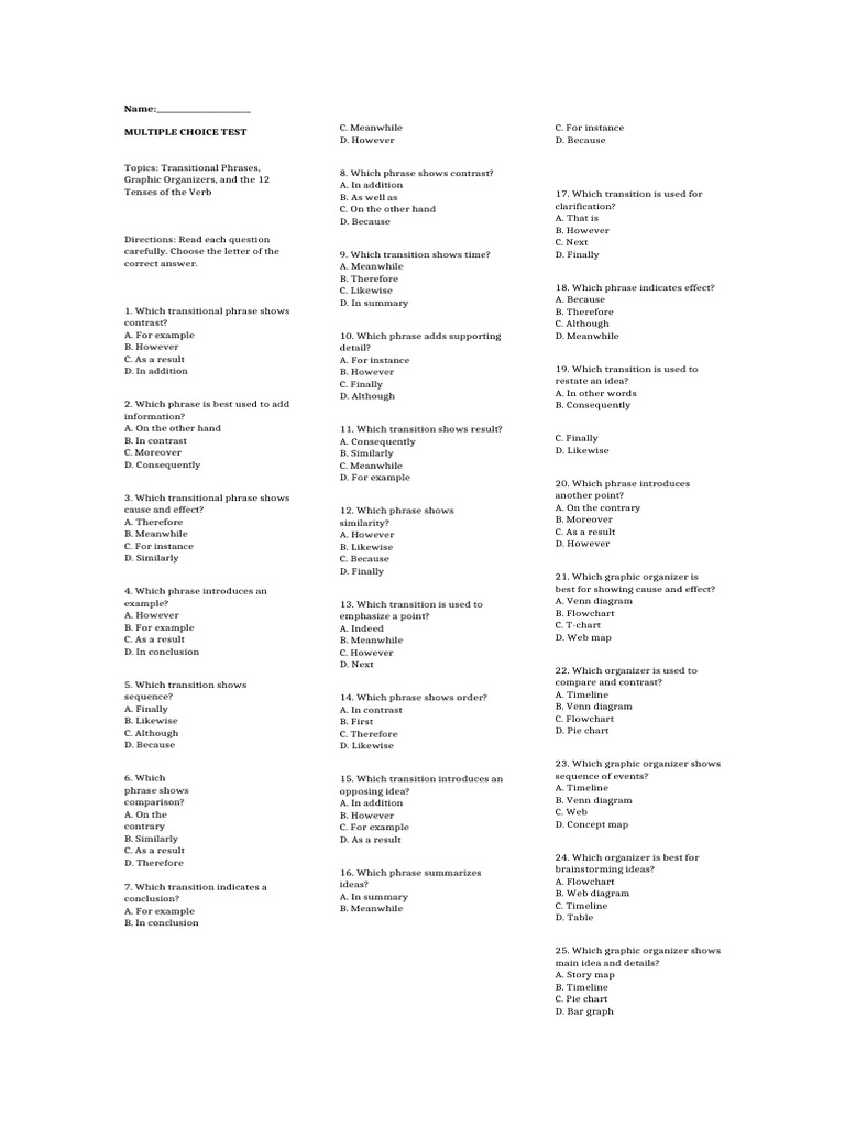 50-Item Multiple Choice Test English | PDF | Grammatical Tense ...
