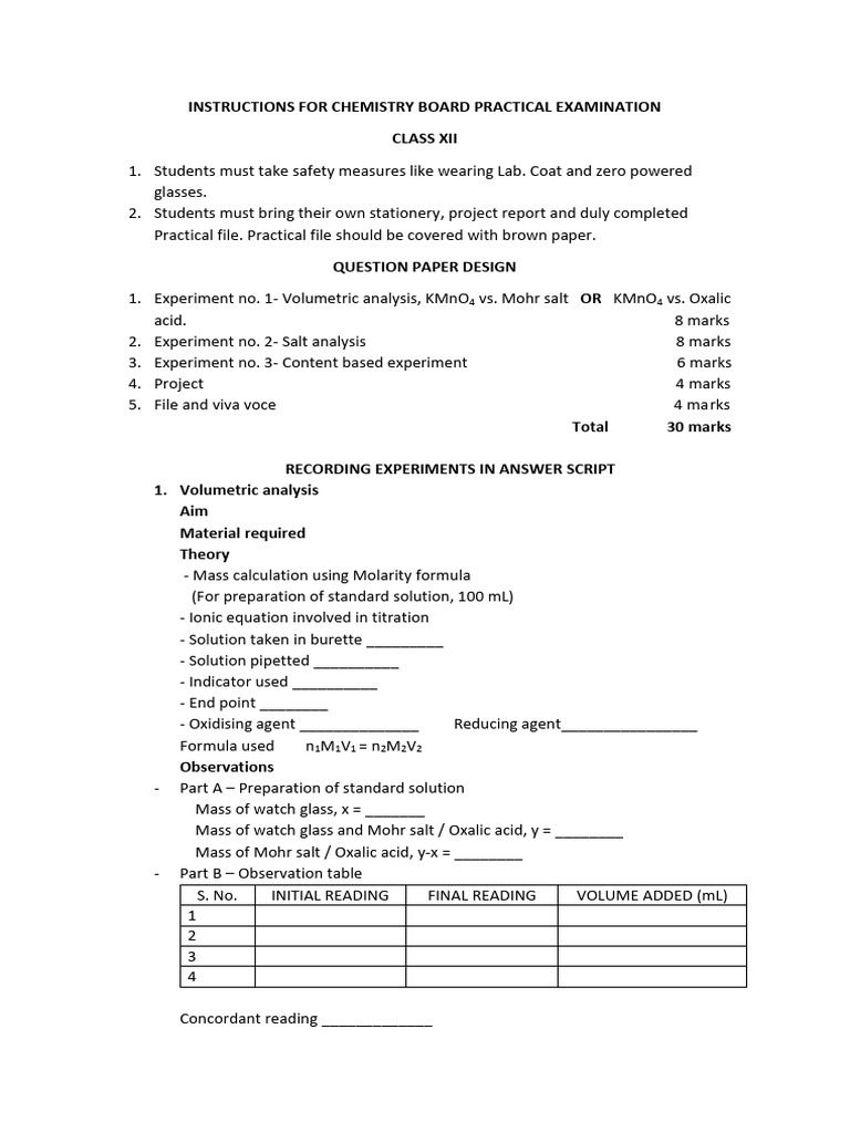 Instructions For Chemistry Board Practical Examination | PDF ...