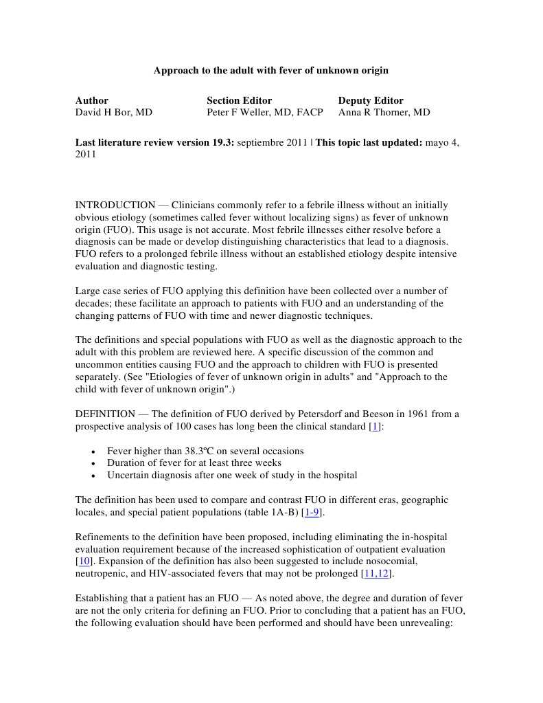 Approach To The Adult With Fever of Unknown Origin | PDF | Medical ...