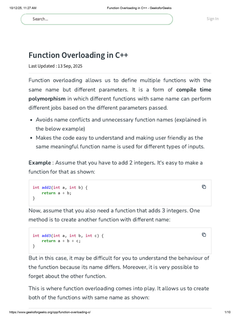 Function Overloading in C++ - GeeksforGeeks | PDF | Parameter (Computer ...