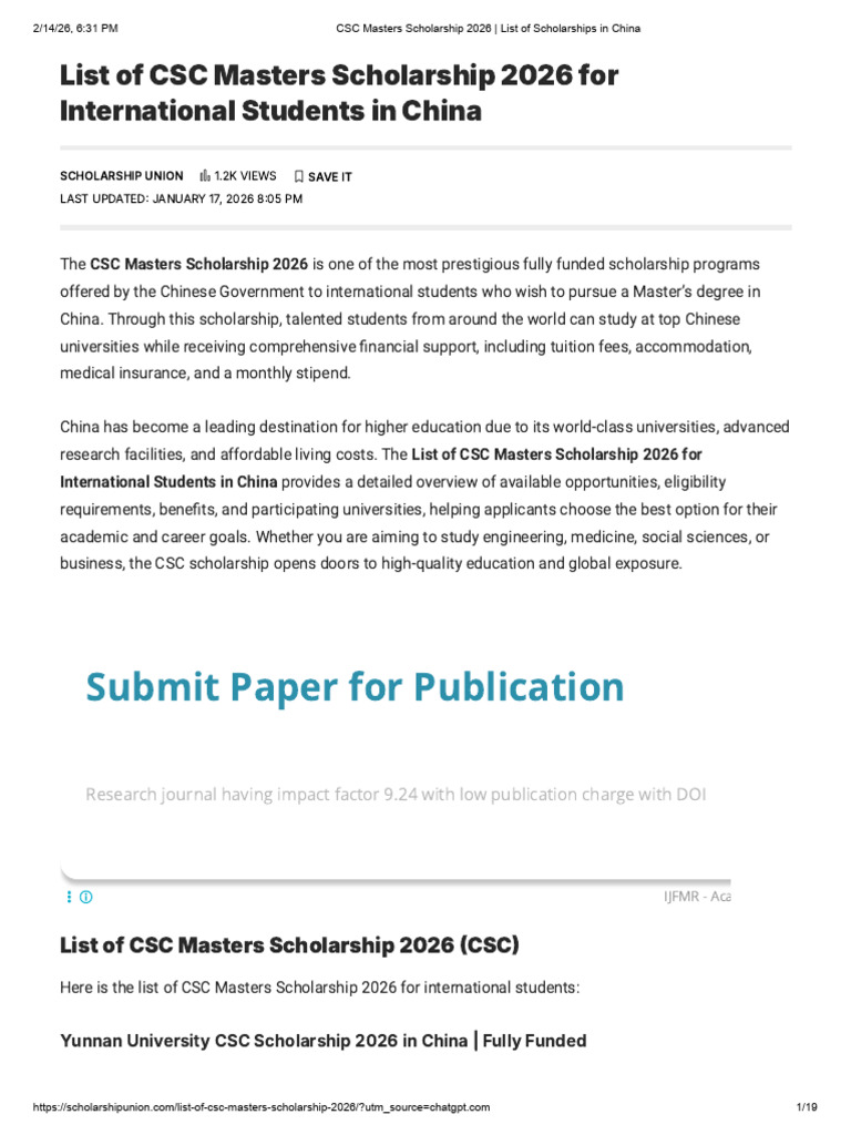 CSC Masters Scholarship 2026 - List of Scholarships in China | PDF ...