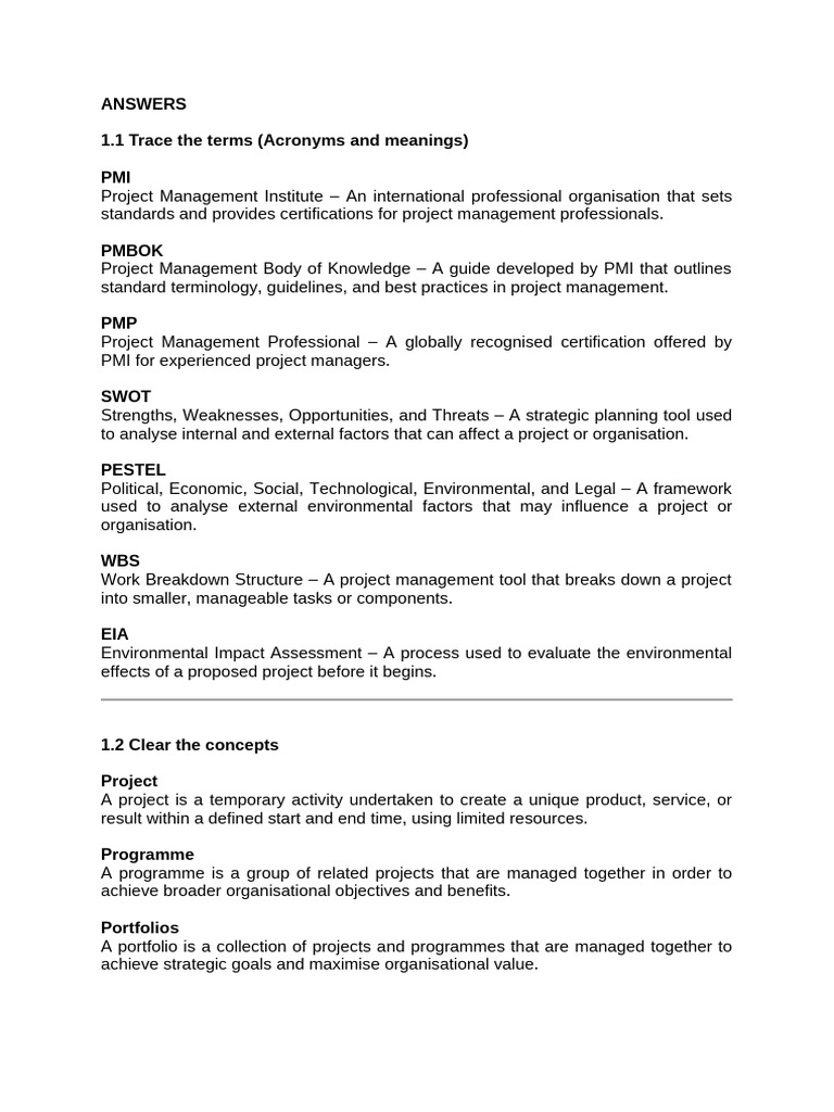 Chapter 1 Test - Project Management | PDF | Project Management | Swot ...