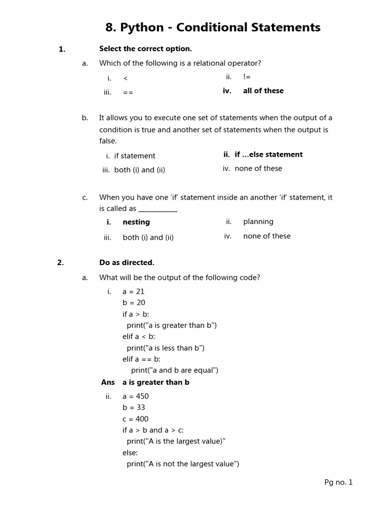 As Worksheet CB VII Computer Studies CH 8 Python Conditional Statements ...