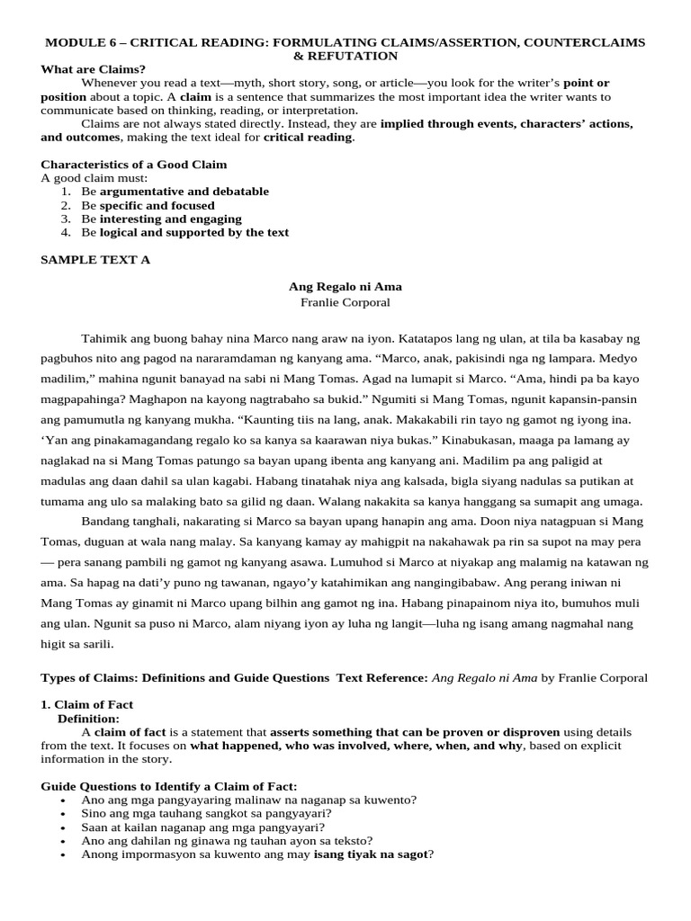 Worksheet On Critical Reading Types of Claims To Be Sent | PDF | Hades