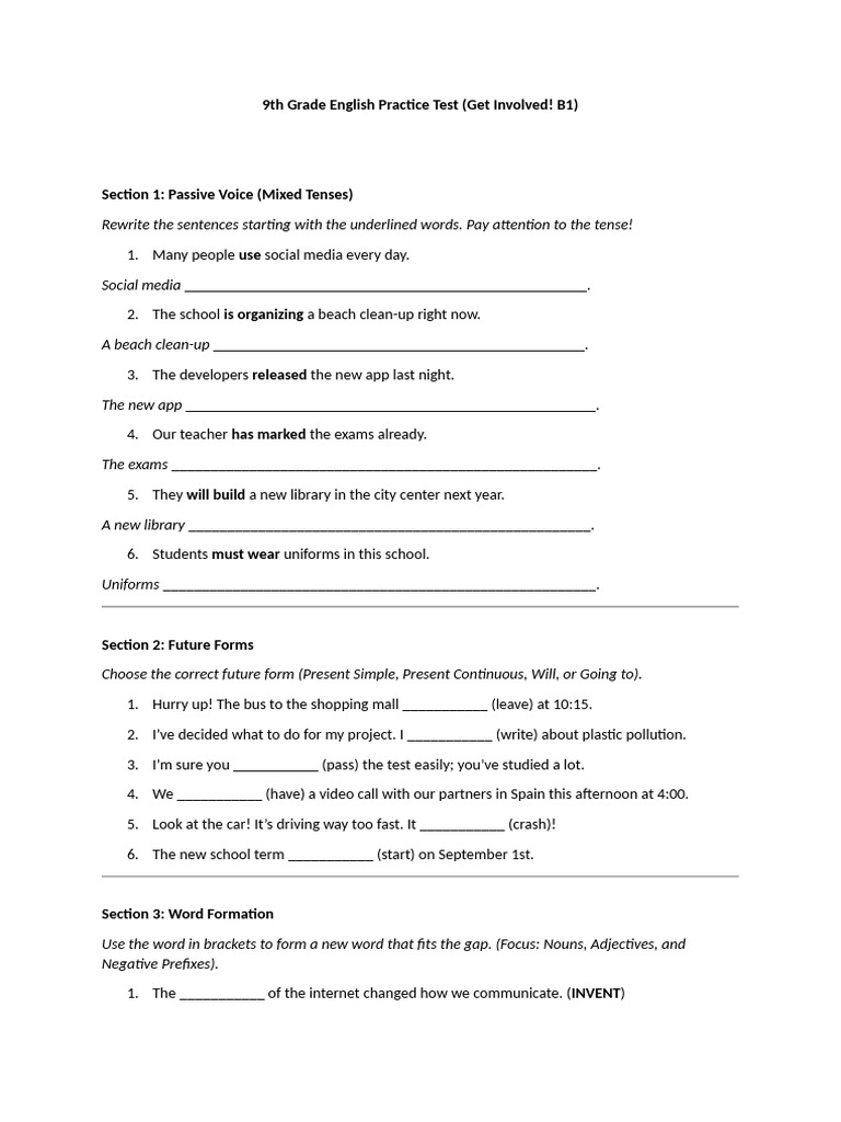 9th Grade English Practice Test | PDF | Language Mechanics | Linguistic ...
