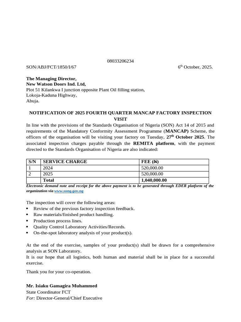 New Watson Doors Inspection Letter | PDF