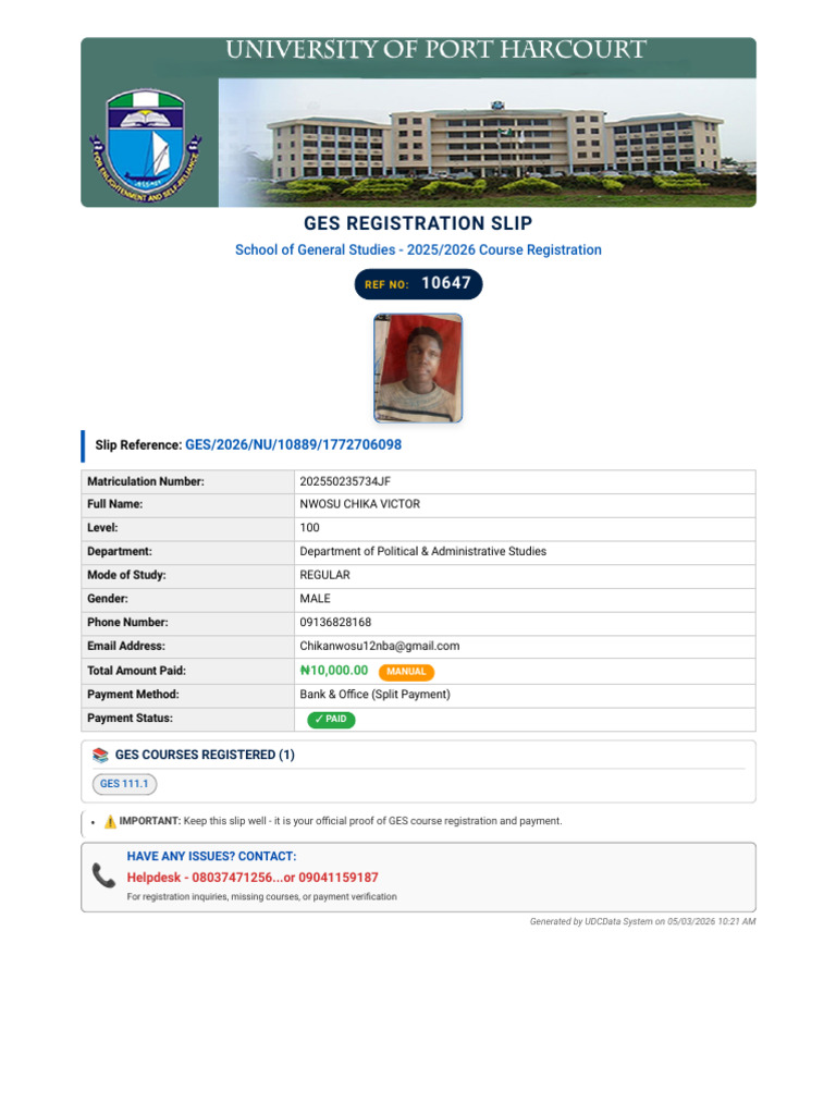 GES Registration Slip - University of Port Harcourt | PDF