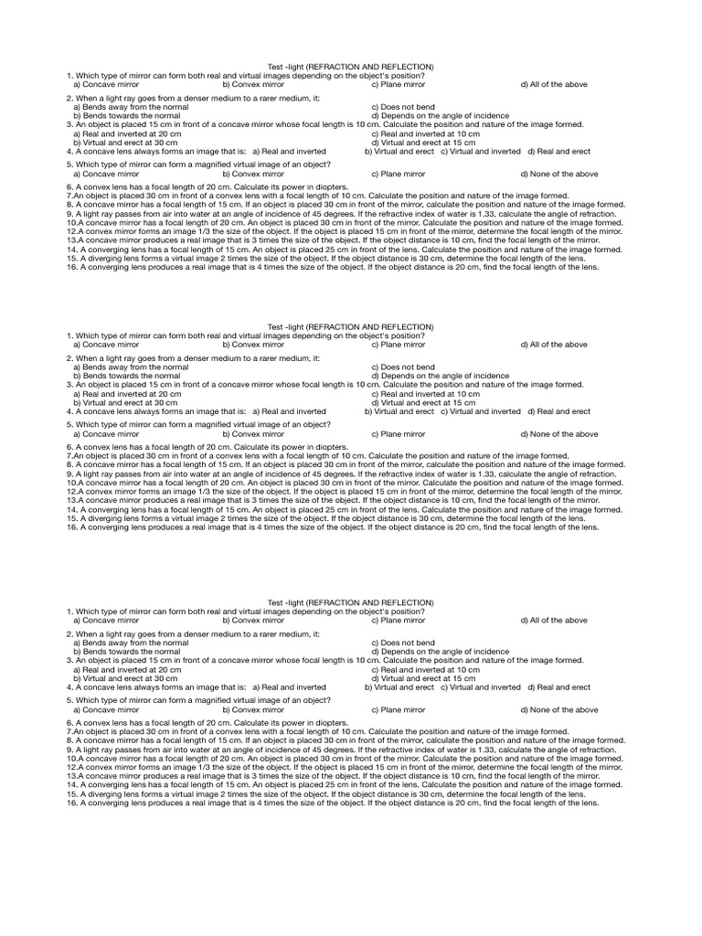 Class 10 Light Test Adv PDF | PDF | Mirror | Electromagnetic Spectrum