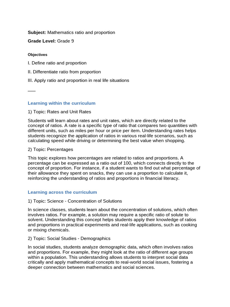 Lesson_plan_Mathematics Ratio and Proportion | PDF | Ratio | Data