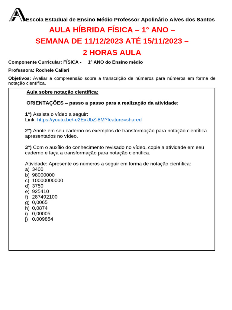Aula - Híbrida - Física - 1 Ano - de 11 A 15 de Dezembro | PDF