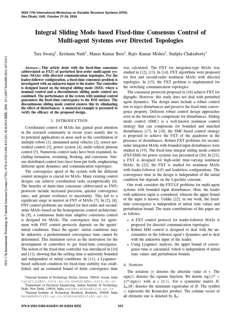 Integral Sliding Mode Based Fixed Time Consensus Control of Multi | PDF ...
