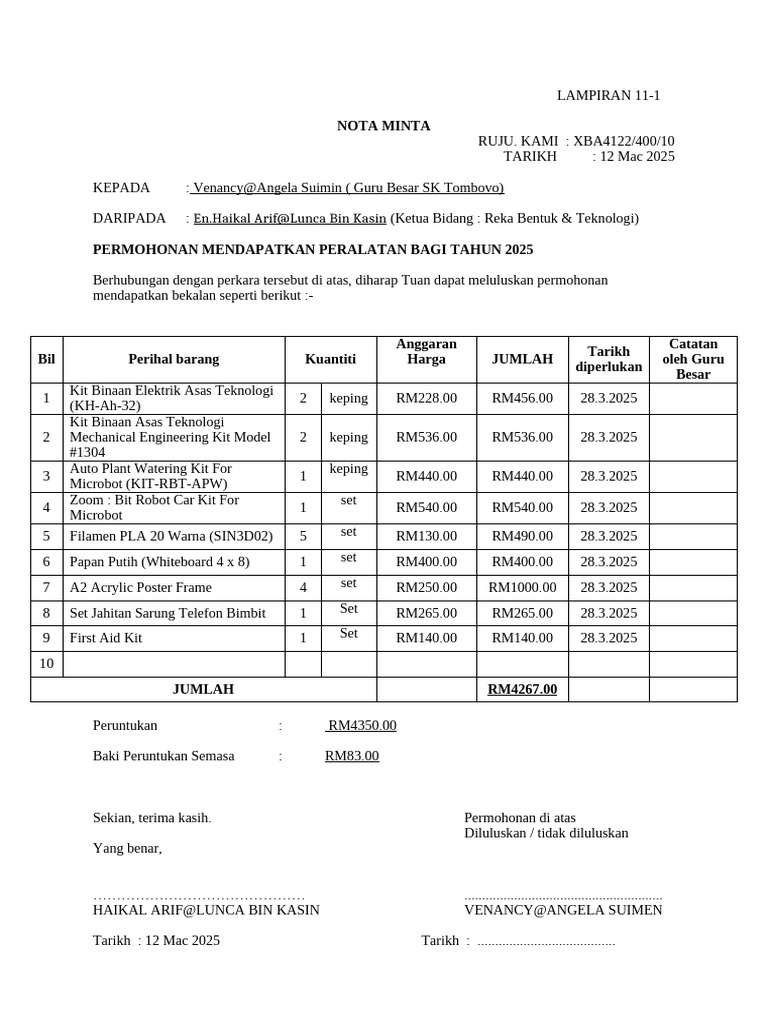 Nota Minta RBT 2025 | PDF