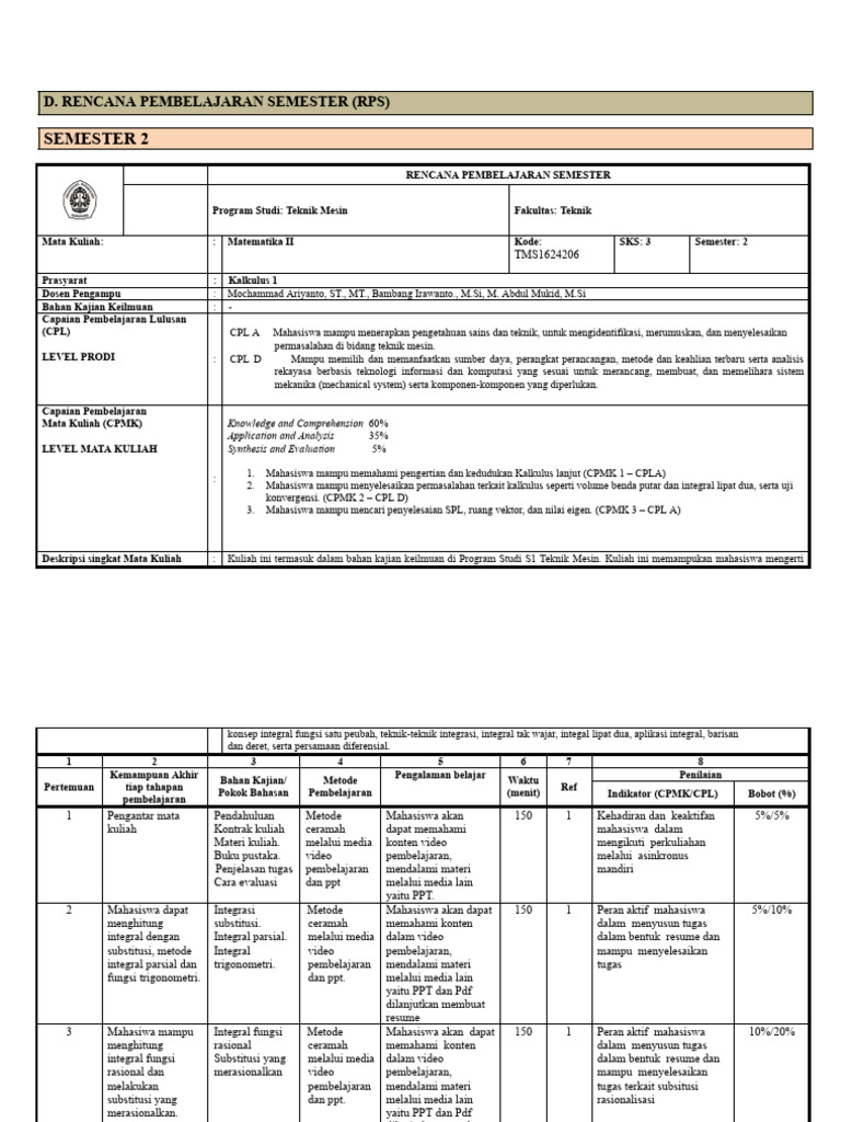RPS Matematika II - TMS1624206 | PDF