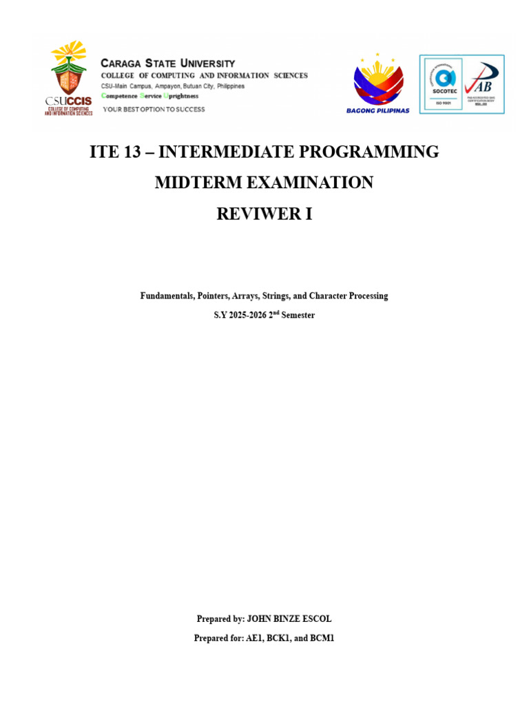 ITE 13 Fundamentals of Programming Reviewer I | PDF | Pointer (Computer ...