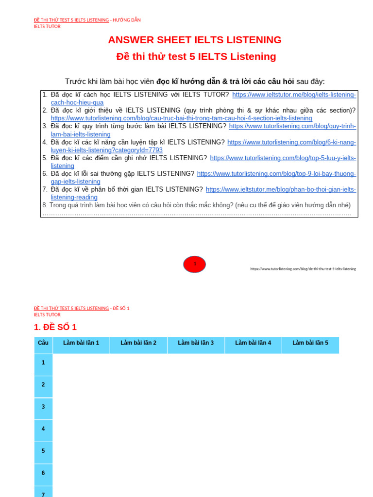 Answer Sheet Ielts Listening - Đề Thi Thử Test 5 Ielts Listening | PDF