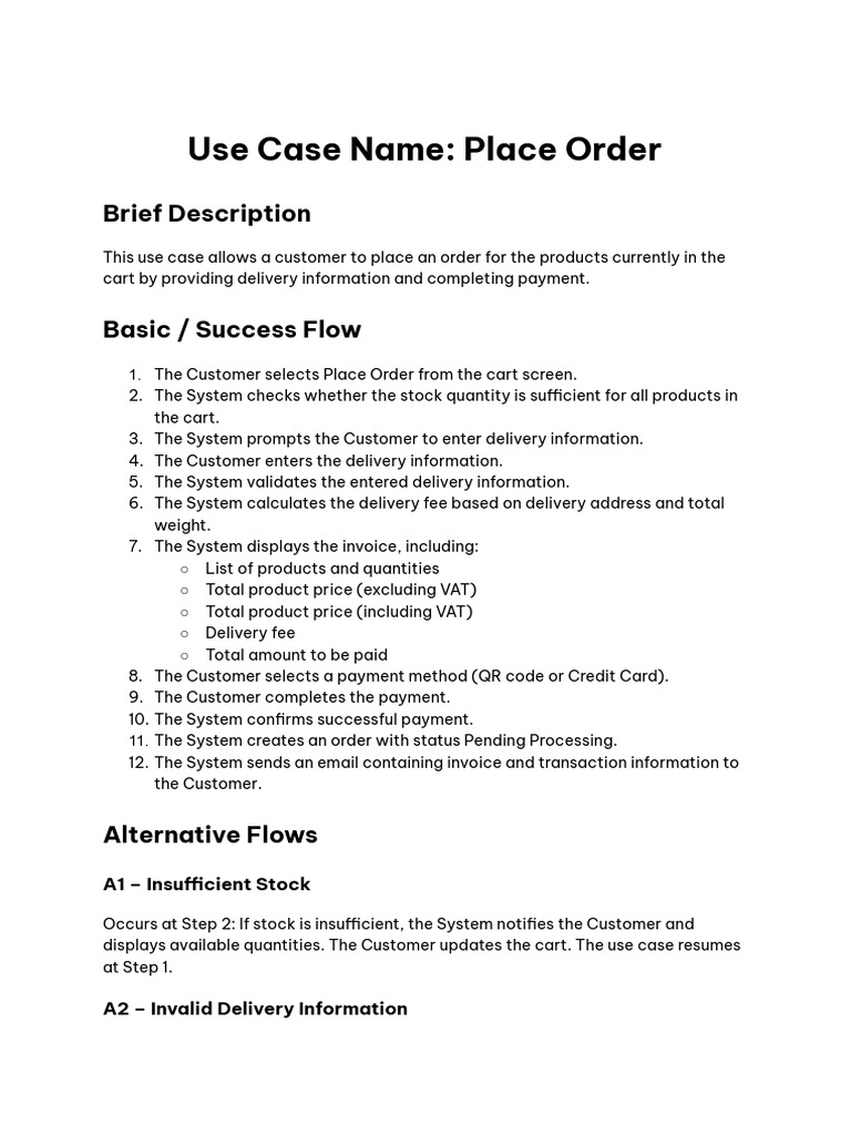 Use Case Name - Place Order | PDF