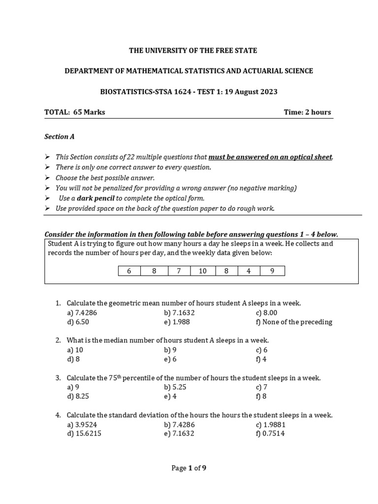 Test 1 | PDF | Standard Deviation | Median