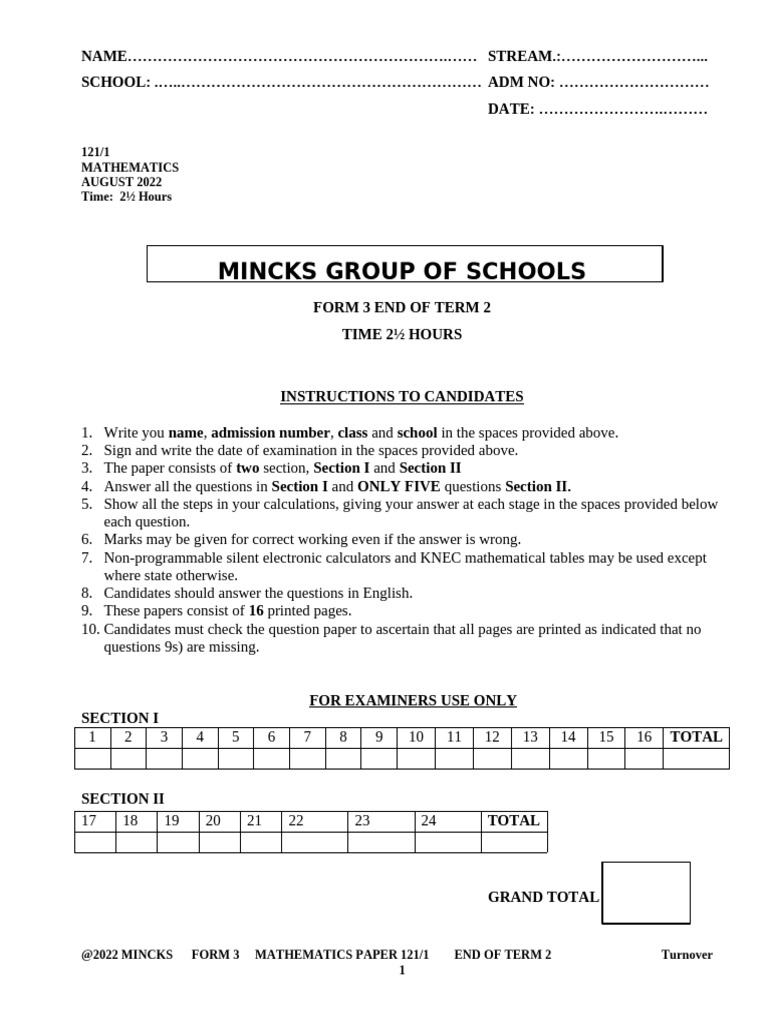 Maths Form 3 Questions Paper 1 | PDF | Mathematics