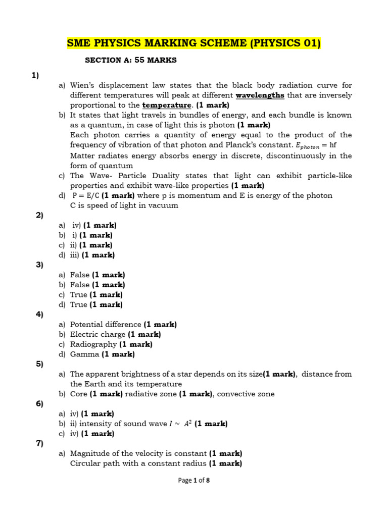 Sme Physics Marking Scheme (Physics 01) | PDF | Photon | Optical Fiber