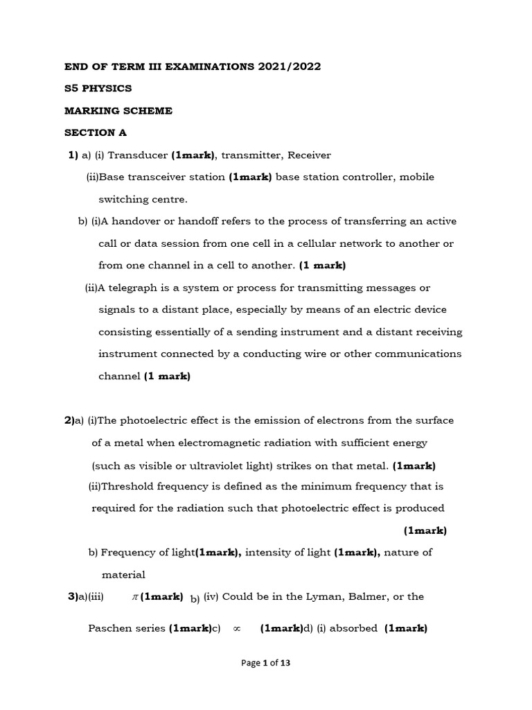 s5 Physics 2022_marking | PDF | Nuclear Power | Electromagnetic Radiation
