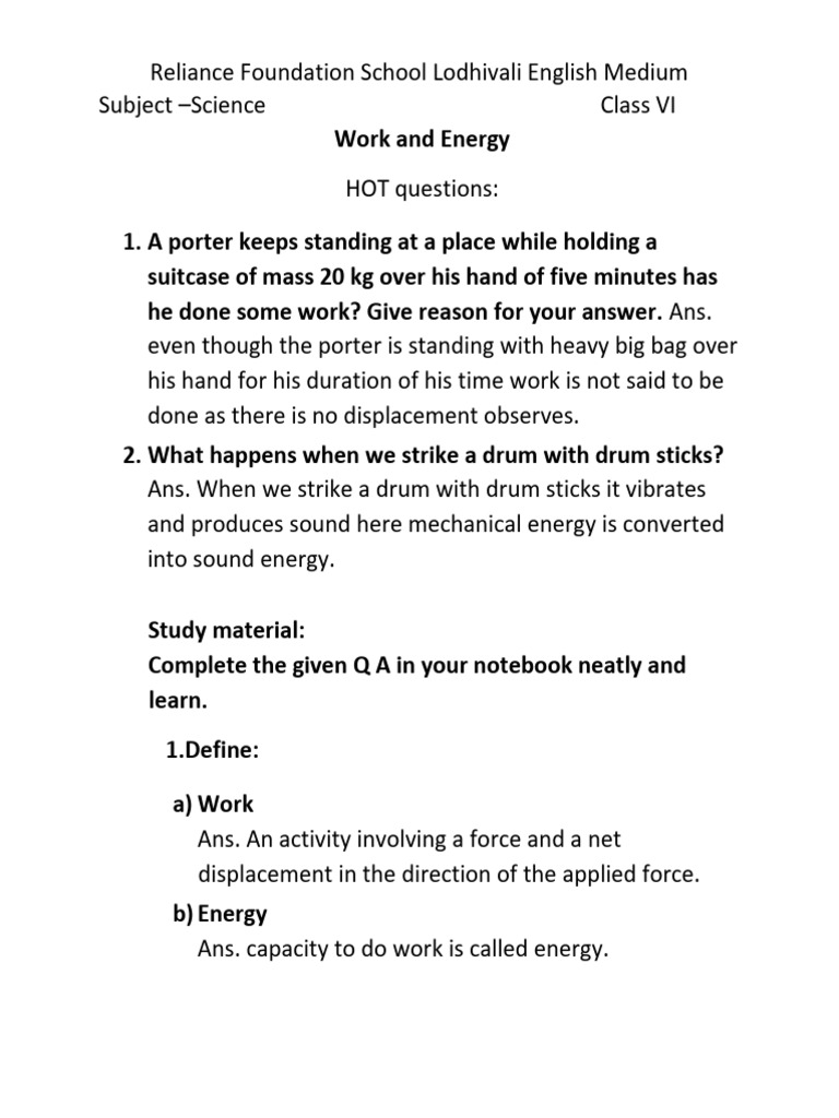 Work and Energy class VI science (2) | PDF | Force | Kinetic Energy