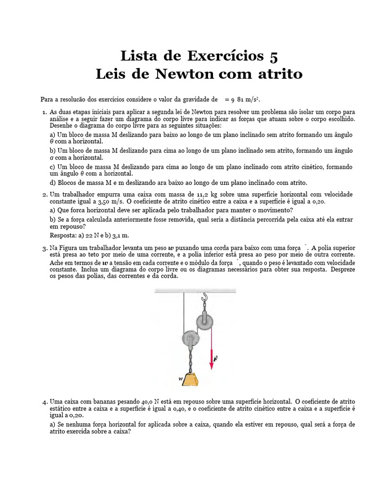 Física A Lista 5 LEis de Newton Com Atrito | PDF | Leis do Movimento de ...