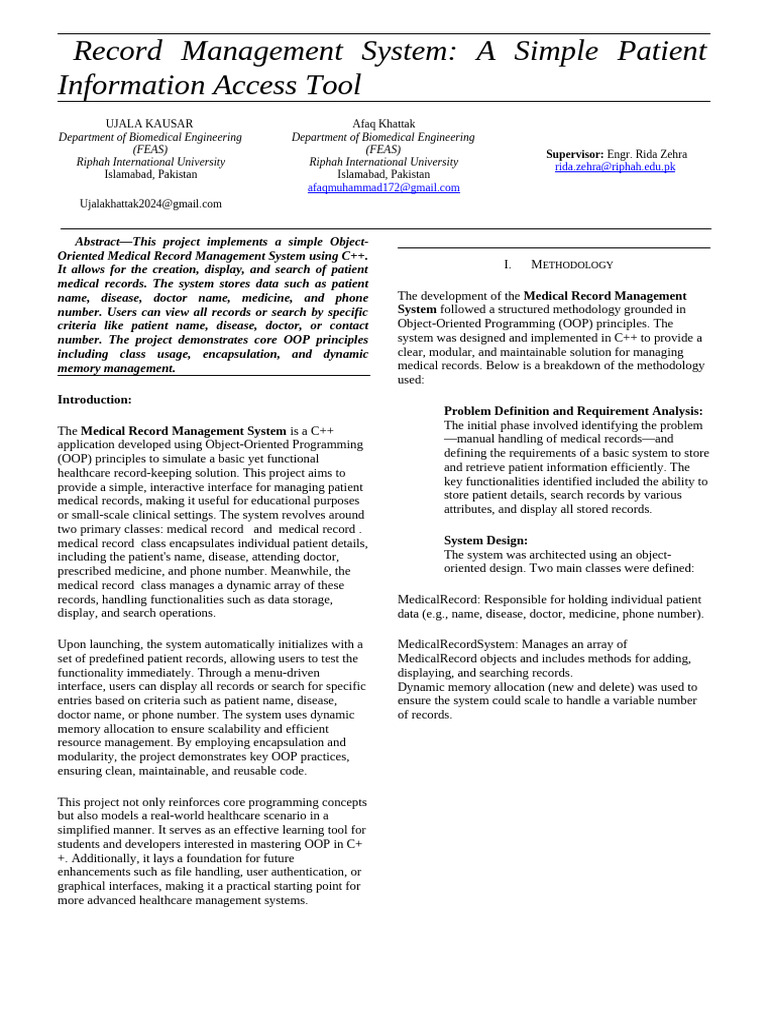 Record Management System Report | PDF | C++ | Object Oriented Programming