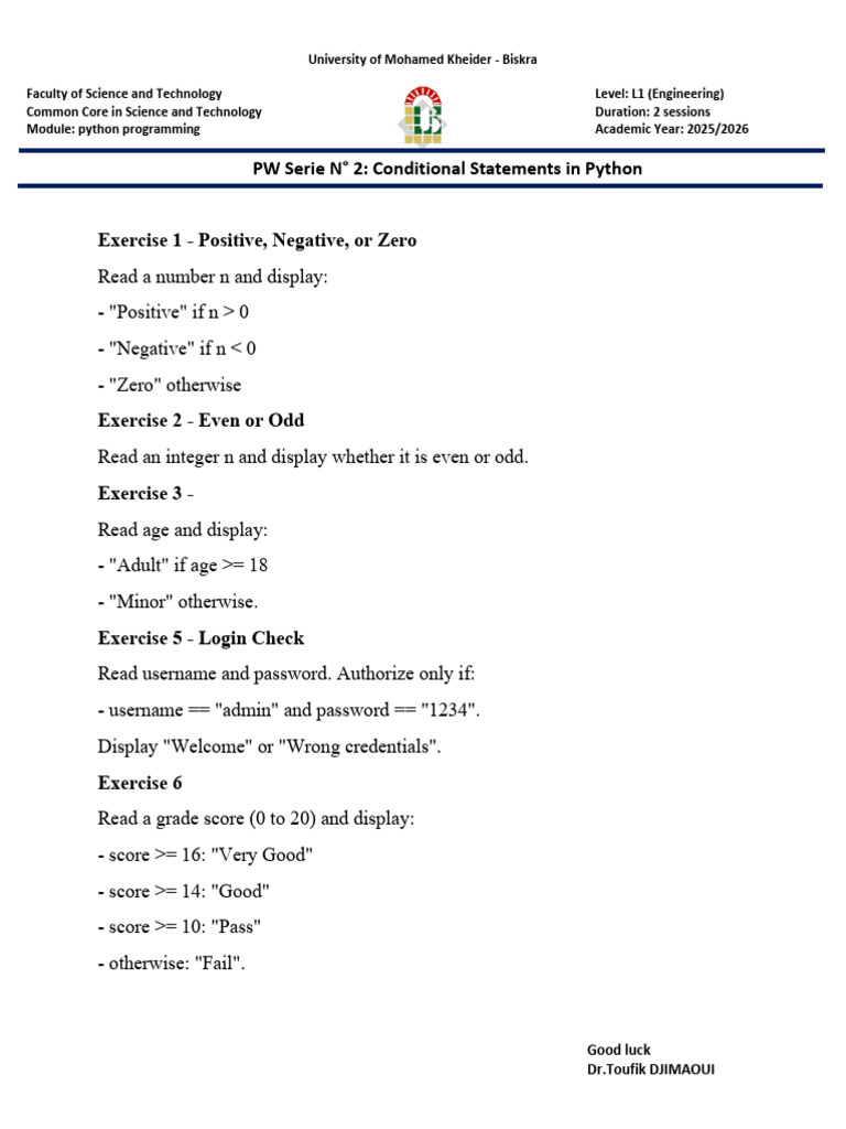 PW Serie N° 2 Conditional Statements in Python (1) | PDF