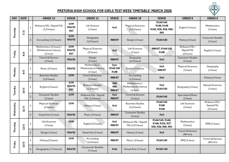 Test Week Timetable Term 1 Final 2026 | PDF