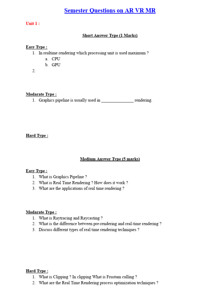 Semester Questions On AR VR | PDF | Augmented Reality | Virtual Reality