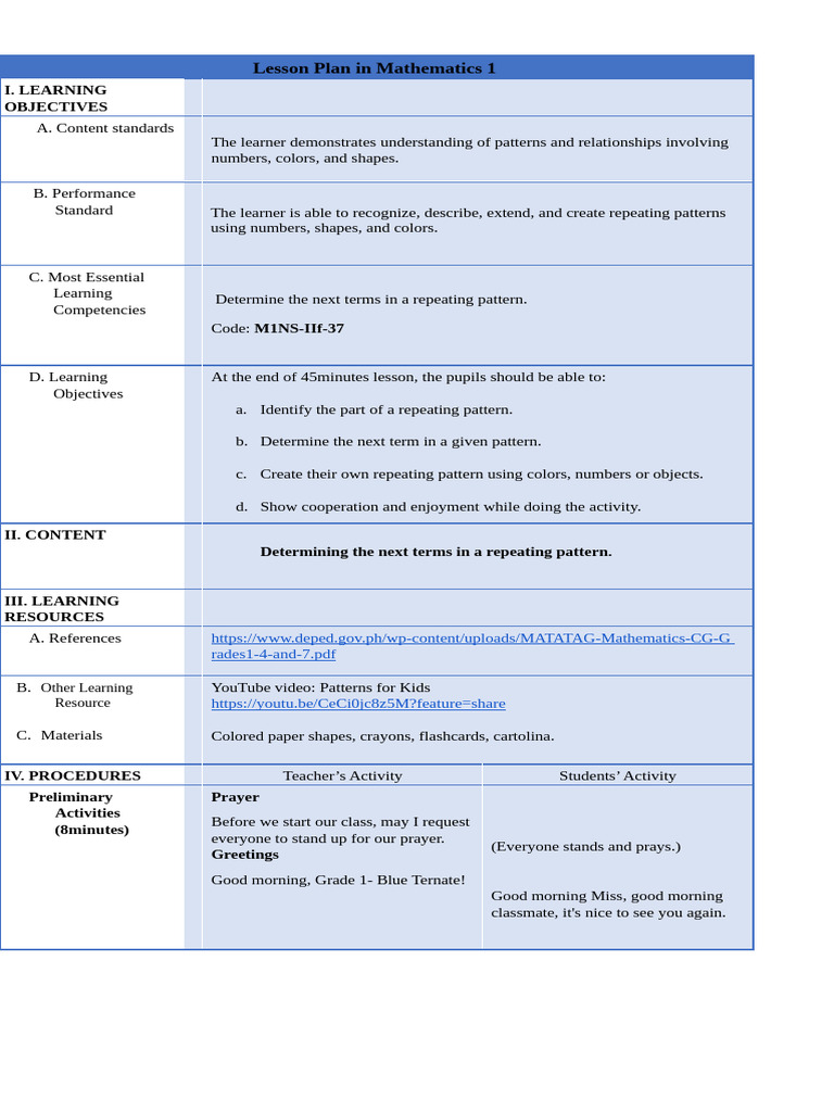 Detailed Lesson Plan in Mathematics (Repeating Patterns) 1 | PDF ...