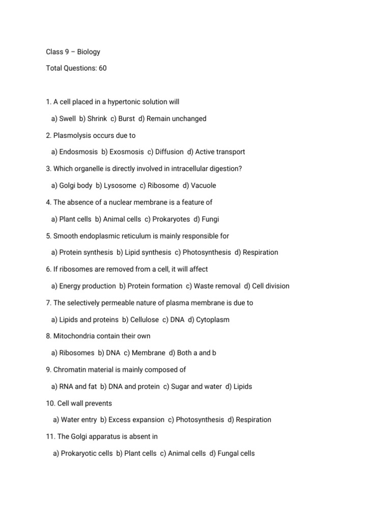 Class 9 - Biology | PDF | Cell (Biology) | Tissue (Biology)