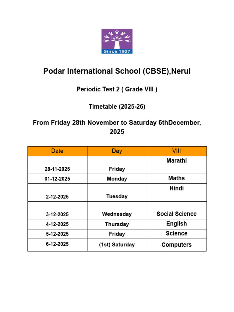 Ade VIII Periodic Test 2 Exam Timetable & Portion (2025-26) | PDF