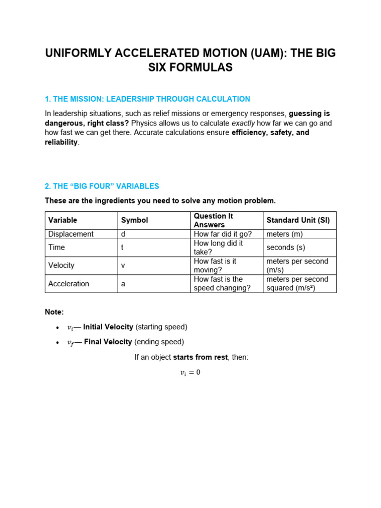 SC_Q4_1.2_UAM-AND-THE-BIG-SIX-FORMULAS | PDF | Velocity | Acceleration