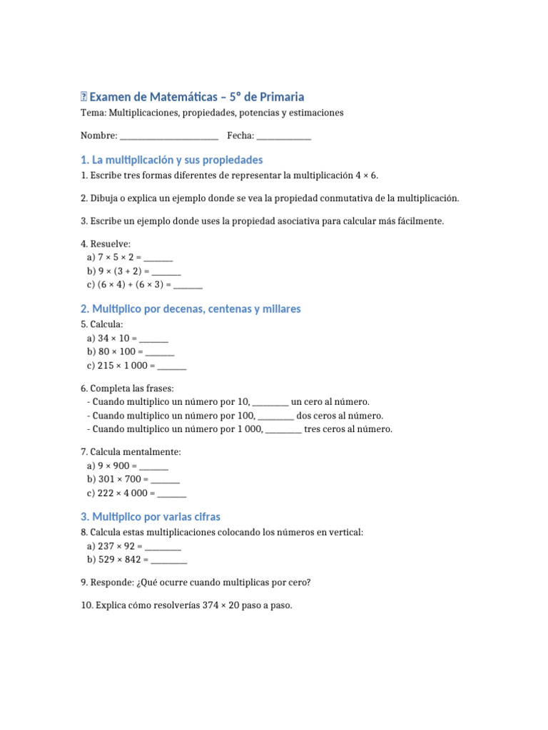 Examen Matematicas 5 Primaria | PDF