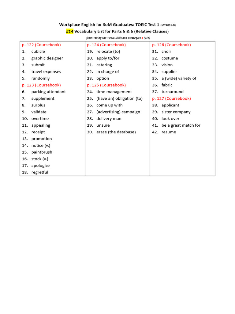 #14 Parts 5 & 6 - Relative Clauses - Vocabulary List | PDF