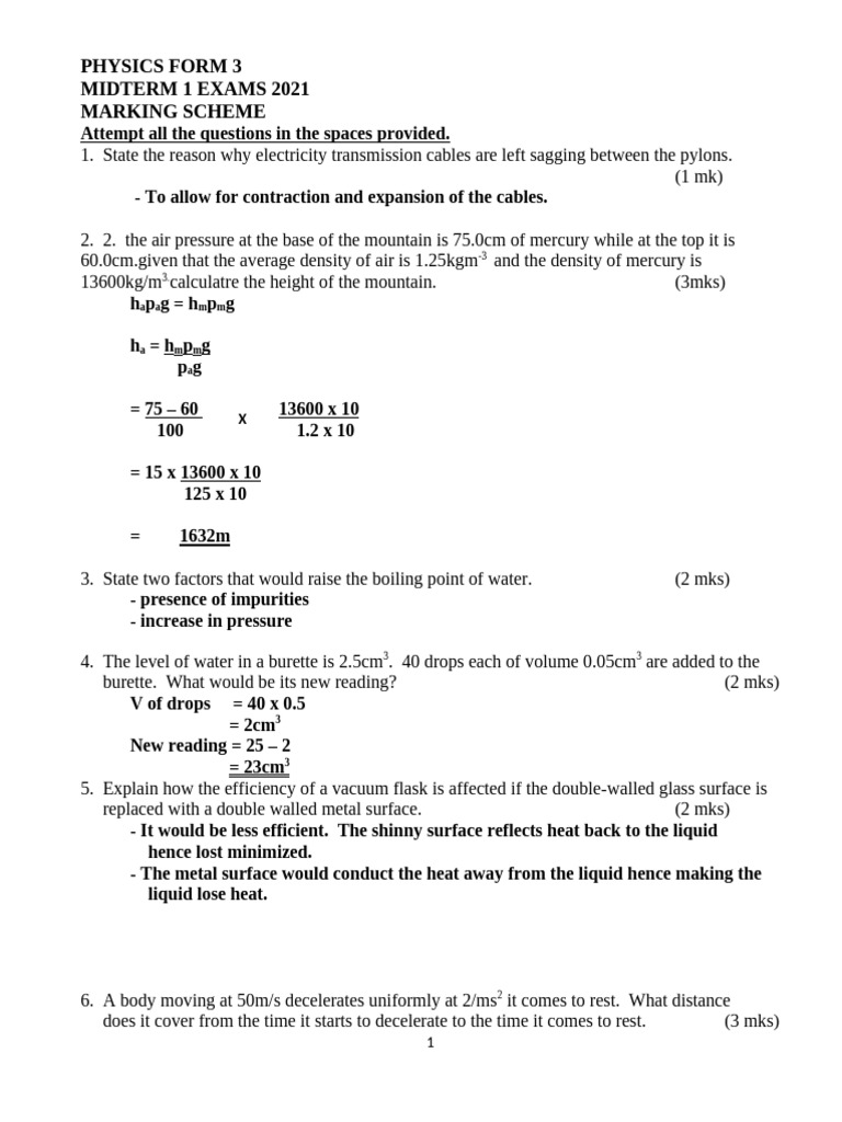 Set2 Phy Ms MidTerm 1 2021 Teacher - Co .Ke F3 Exam | PDF | Force ...